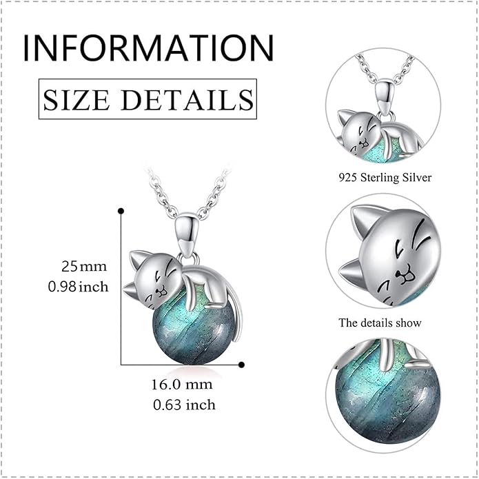 Natural Gemstone Cat Necklace for Women 925 Sterling Silver Cute Kitten Pendant with Genuine Turquoise/Rose Quartz/Amethyst/Larimar/Labradorite/Moss Agate/Blue Sandstone Jewelry Gifts