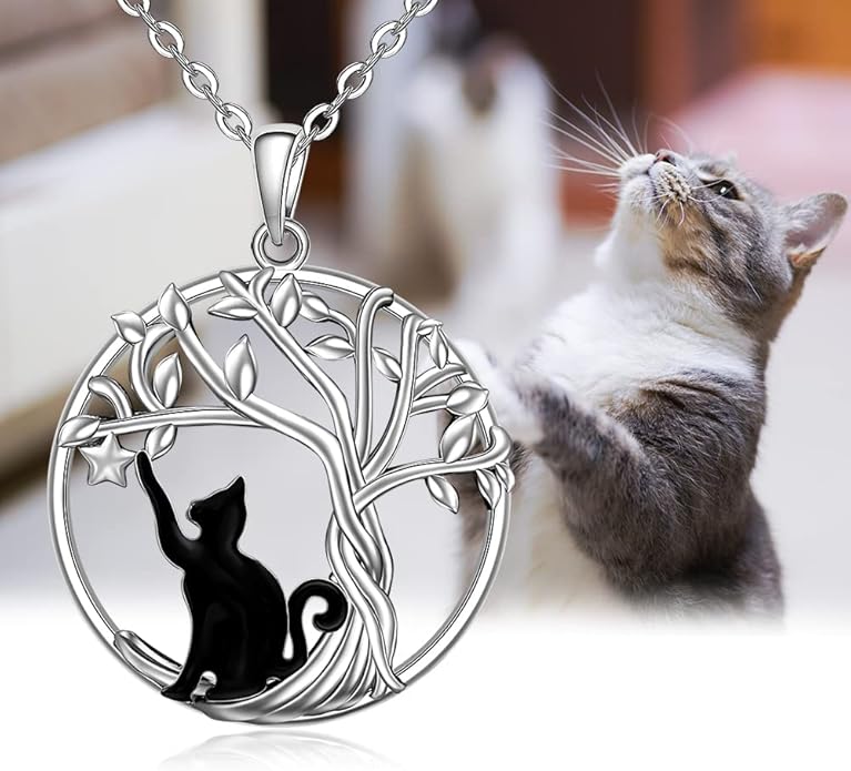 Cat Necklace Black Cat Necklace for Women Sterling Silver Tree of Life Necklaces Pendant for Cats Lovers White Gold Gifts Jewelry