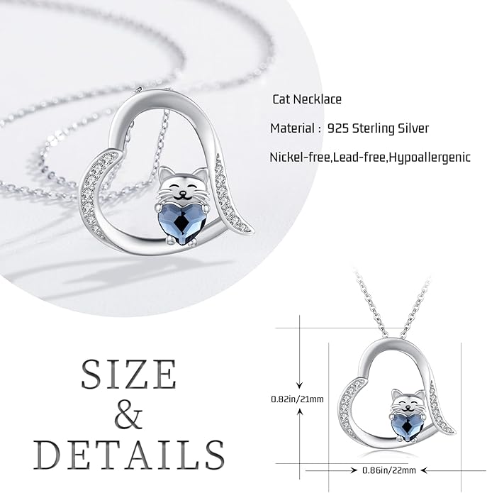 JUSTKIDSTOY Sterling Silver Cute Animal Pendant Necklace with Crystal Cat Pendant - Women's Cat Lovers Jewelry Gift