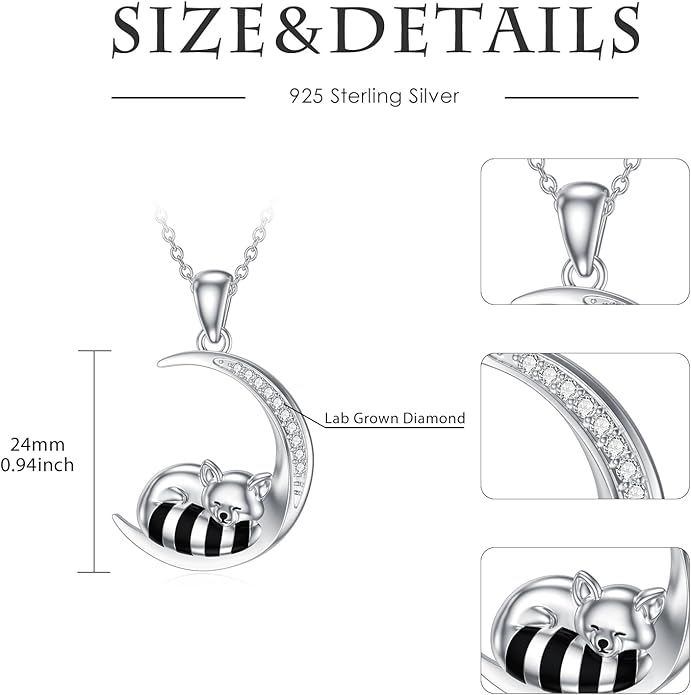 Diamond Black Cat/Red Panda/Sloth/Deer/Unicorn Necklace for Women 925 Sterling Silver Sleeping Animal and Moon Pendant with Lab Grown Diamonds Jewelry Gifts