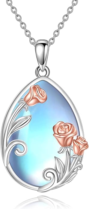 CRMAD Daisy/Black Cat/Dragonfly/Daffodil/Hummingbird/Stingray/Phoenix Feather/Rose Necklace Sterling Silver Moonstone Teardrop Pendant Necklace Flower Animal Jewelry Gifts for Women