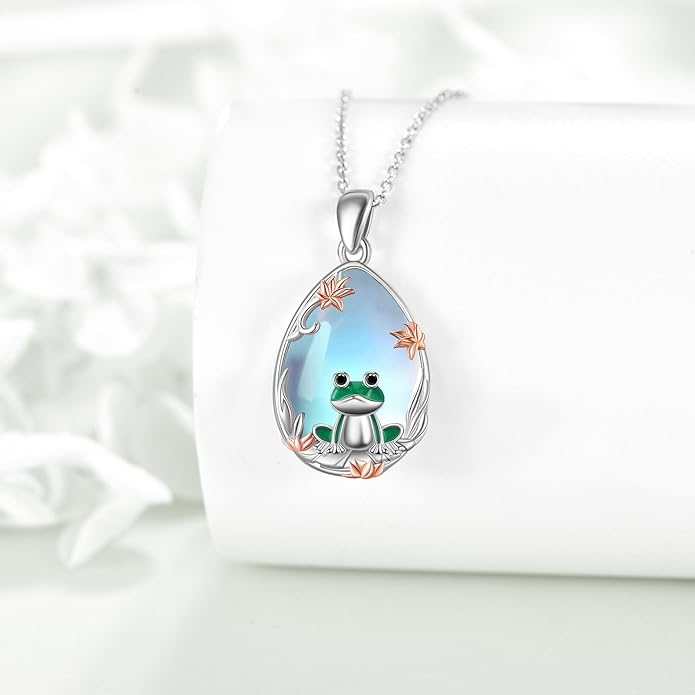 LUHE Moonstone Necklace 925 Sterling Silver Fox/Axolotl/Cat/Raccoon/Penguin/Frog/Panda/Highland Cow Pendant Necklace Animal Jewelry Gifts for Women