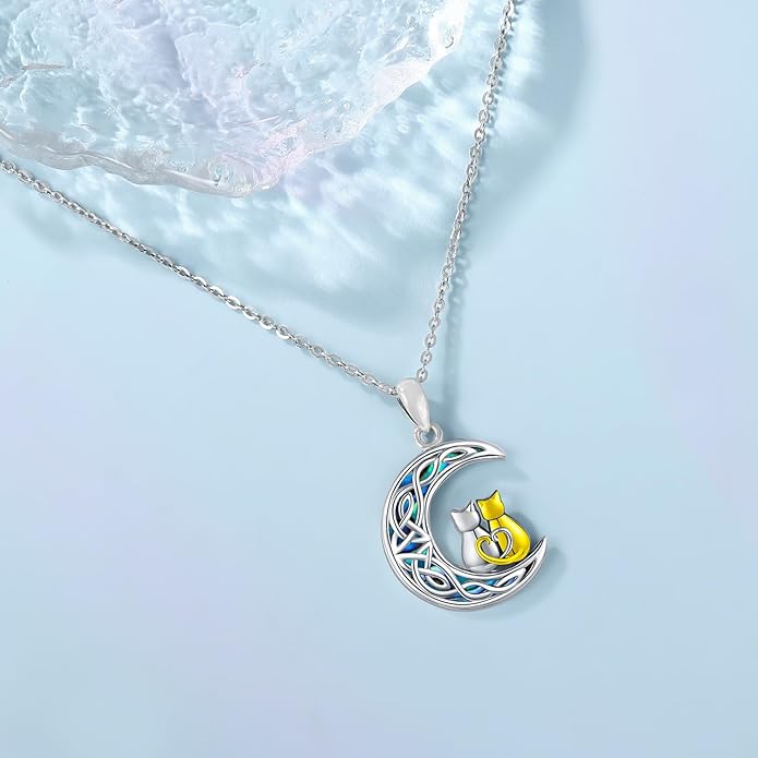 Odinstone Cat Necklace, S925 Sterling Silver Cat on Moon Pendant with Cubic Zirconia, Cat Jewelry Mothers Day Gifts for Mum with Gift Package - I Love You Forever