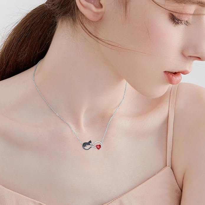Natural Garnet Black Cat Necklace for Women 925 Sterling Silver Infinity and Cat Pendant Black Cat Jewelry Gifts for Cat Lovers