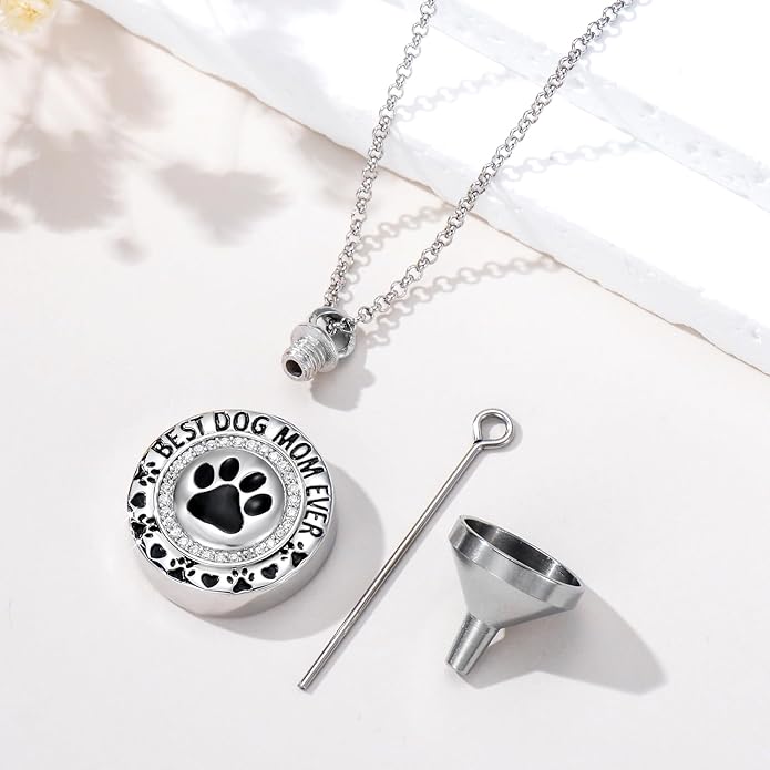 Pet Ashes Necklace 925 Sterling Silver Dog/Cat Urn Necklaces for Ashes Paw Print Pendant Pet Cremation Keepsake Memorial Jewelry for Women