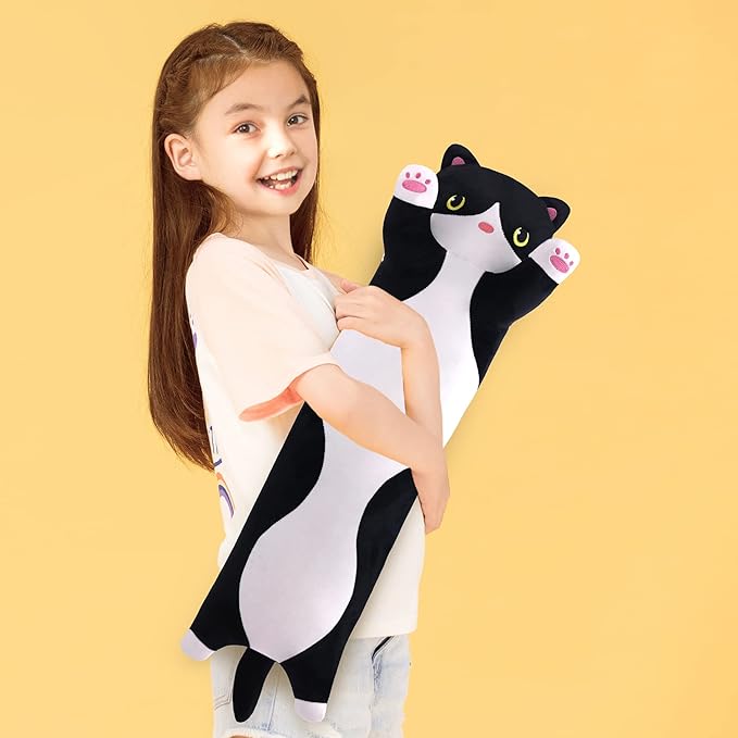 Soft Plush Cute Cat Body Pillow, Long Stuffed Cat Plush Toy Kitten Throw Pillow Gift for Kids, Girlfriend (90CM, Black)