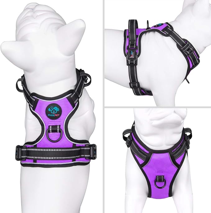 PHOEPET No Pull Dog Harnesses for Small Puppies Reflective Adjustable Front Clip Vest with 2 Metal Leash Attachment Hooks Soft Handle(S, Purple)