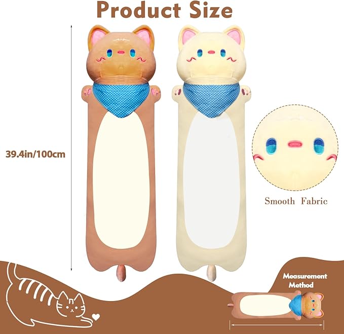 Long Cat Plush Pillow, 39.4inches Cute White Cat Plushie Stuffed Animals Body Pillow, Kawaii Kitten Soft Plushie Doll Toy Birthday Gift for Kids Girlfriend