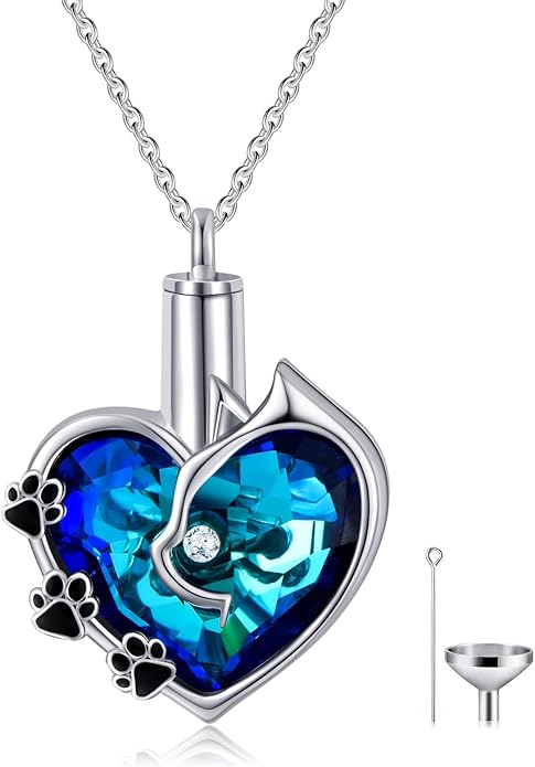 Cat Urn Necklace for Ashes 925 Sterling Silver Cremation Keepsake Memorial Jewelry for Ashes with Blue/Deep Purple Heart Crystal from Austria Keepsakes Memorial Necklaces Meaningful Gifts