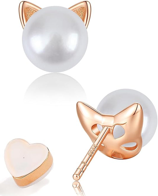 PANSTAR Hypoallergenic 925 Sterling Silver Pearl Cat Earrings for Women - Cute Dainty Cat Stud Earrings, Valentine’s & Mother’s Day Gift with Box
