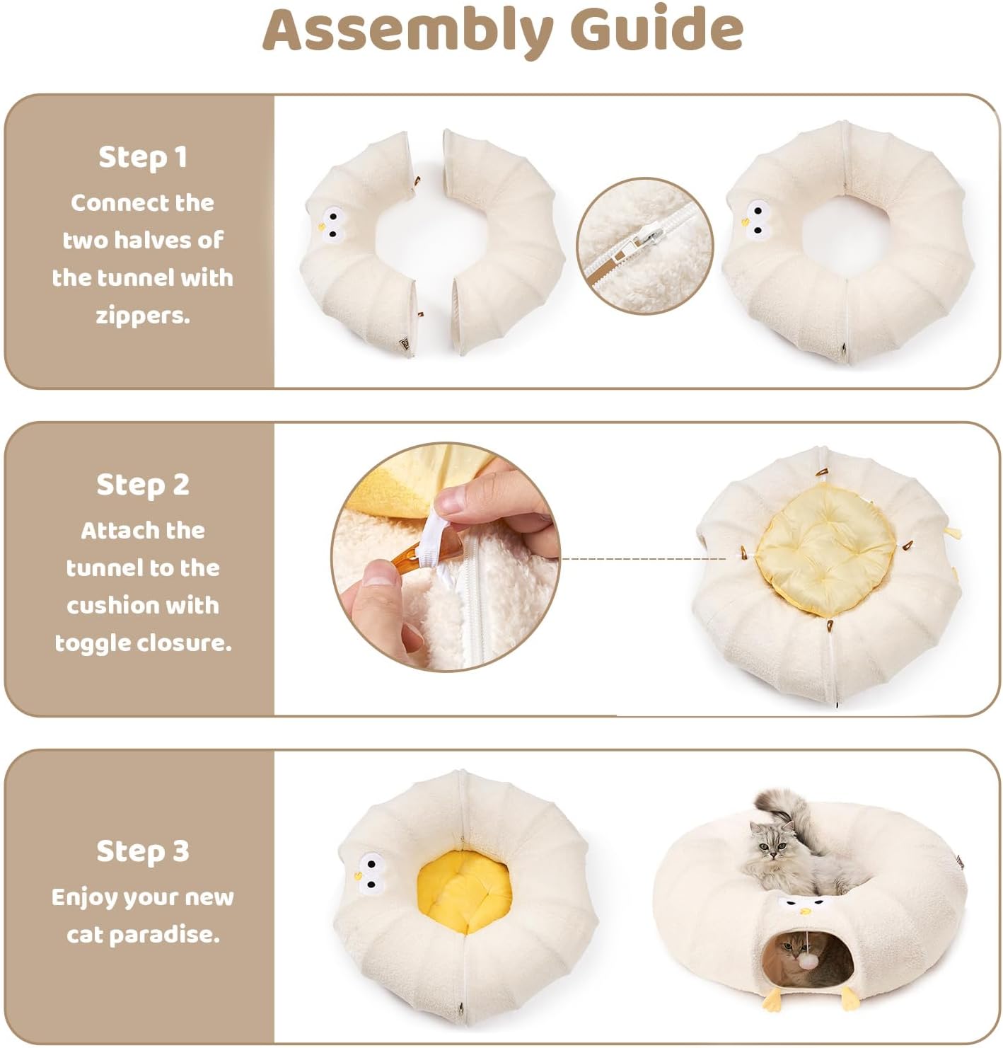 EHEYCIGA Cat Tunnel Bed for Indoor Cats, Cute Cat Donut Toy Tunnel for Small Large Cats with Washable Circle Cushion, Peekaboo Pet Cave Play Tunnel for Kitten, Puppy, Rabbit