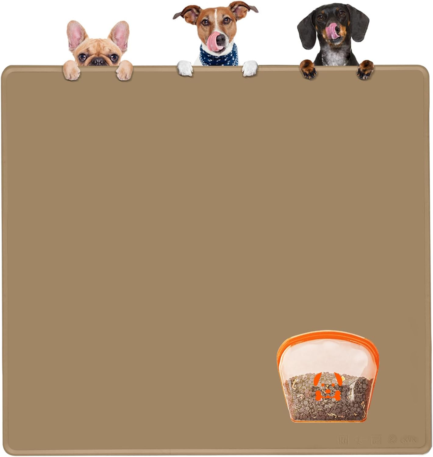 KVK Extra Extra Large Silicone Dog Food Mat 39.4×43.3in and 128oz Silicone Bag Set, Super Size Waterproof Pet Feeding Mat & Container, Non-Slip, Chew-Resistant Floor Protection (Taupe&Orange)