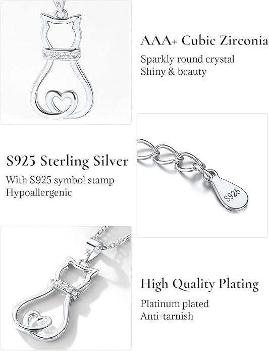 SILVERCUTE Cat Necklaces for Cat Lovers Sterling Silver Womens Jewelry S925 Kitten Pendant Cat Collarbone Necklace
