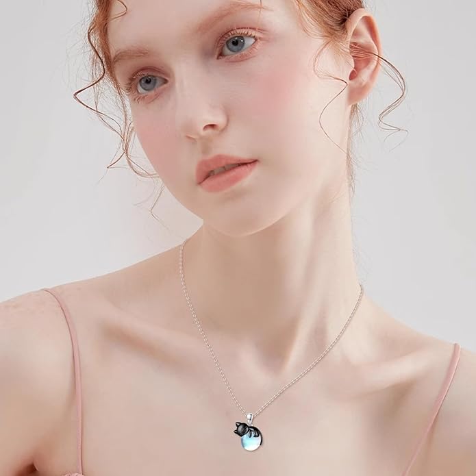 Cat Necklace Sterling Silver Cat Pendnat with Rose Quartz Pearl Jewelry Gifts for Women Cat Lovers