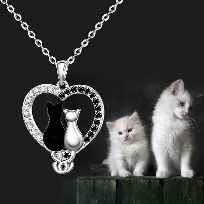 Fenthring Cat Necklace for Women Black Cat Necklaces Sterling Silver Animal Cats Pendant Gifts for Mother Daughter Holiday Jewelry