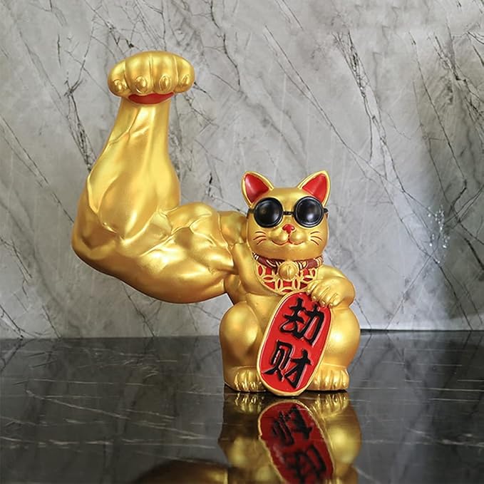 Muscle Arm Cat Figurine Lucky Cat Statue Wealth Good Luck Statue Feng Shui Office Decoration for Home Hotel Ornament - Golden Robbery