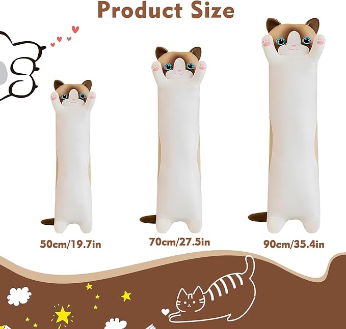 Long Cat Plush Pillow, 27.6in Cute White Cat Plushie Stuffed Animals Body Pillow, Kawaii Kitten Soft Plushie Doll Toy Birthday Gift for Kids Girlfriend