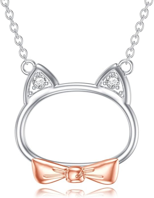 Sterling Silver Blue Topaz/Diamond Cat Pendant Necklace - Jewelry Gifts for Cat Lovers (18"+2")