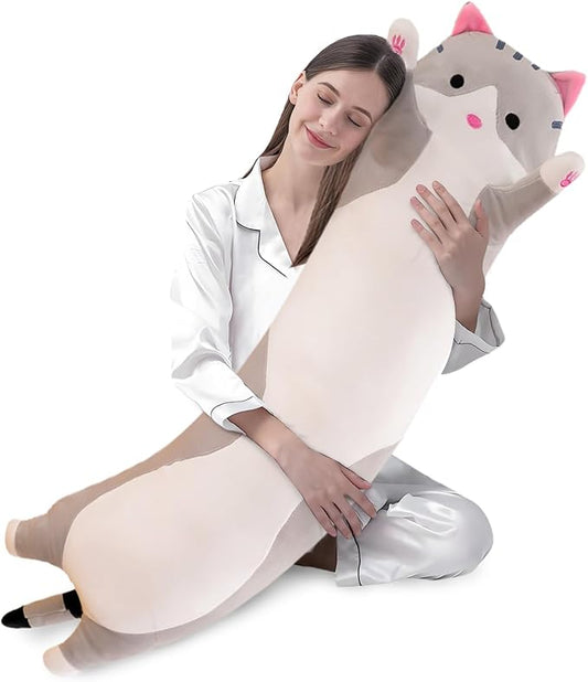 shangman Lovely Plush Cat Doll Cute Cartoon Soft Stuffed Kitten Pillow Long Throw Sleeping Pillow Doll Toy Gift for Kids Girlfriend Multiple Size (Grey,130cm/51.1in)