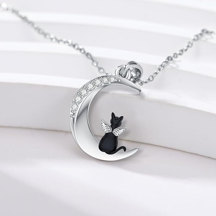 Diamond Moon and Cat Necklace for Women 925 Sterling Silver Cat Angel on the Moon Pendant with Lab Grown Diamonds Cat Angel Memorial Jewelry Gifts for Cat Lover
