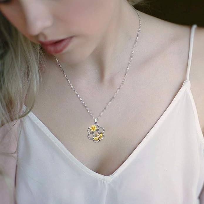 LUHE Bee Necklace 925 Sterling Silver Honeycomb Cute Flower Pendant Necklaces for Women Gifts for Her Women