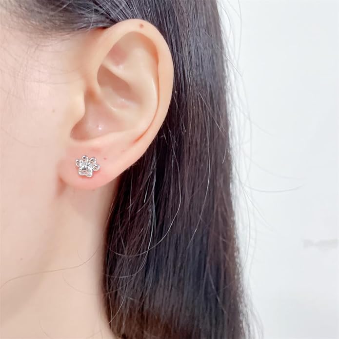 Cute 20g Paw Dog Cat Print Screw Flat Back Small Stud Earrings for Women Teen Girls Simple Stainless Steel Silver Gold Plated Animal Cartilage Tragus Piercing Little Studs Hypoallergenic Fashion Jewelry Birthday Gift