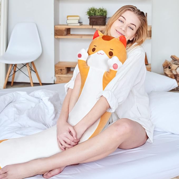 Artist-Designed Ultra Soft Long Cat Plush Body Pillow, Extra Stuffing for Comfort, Premium Quality Stuffed Animal Gift for Girlfriend or Cat Lovers (Brown Cat Body Pillow 53 Inch)