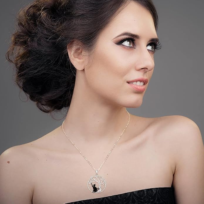 Cat Necklace Black Cat Necklace for Women Sterling Silver Tree of Life Necklaces Pendant for Cats Lovers White Gold Gifts Jewelry