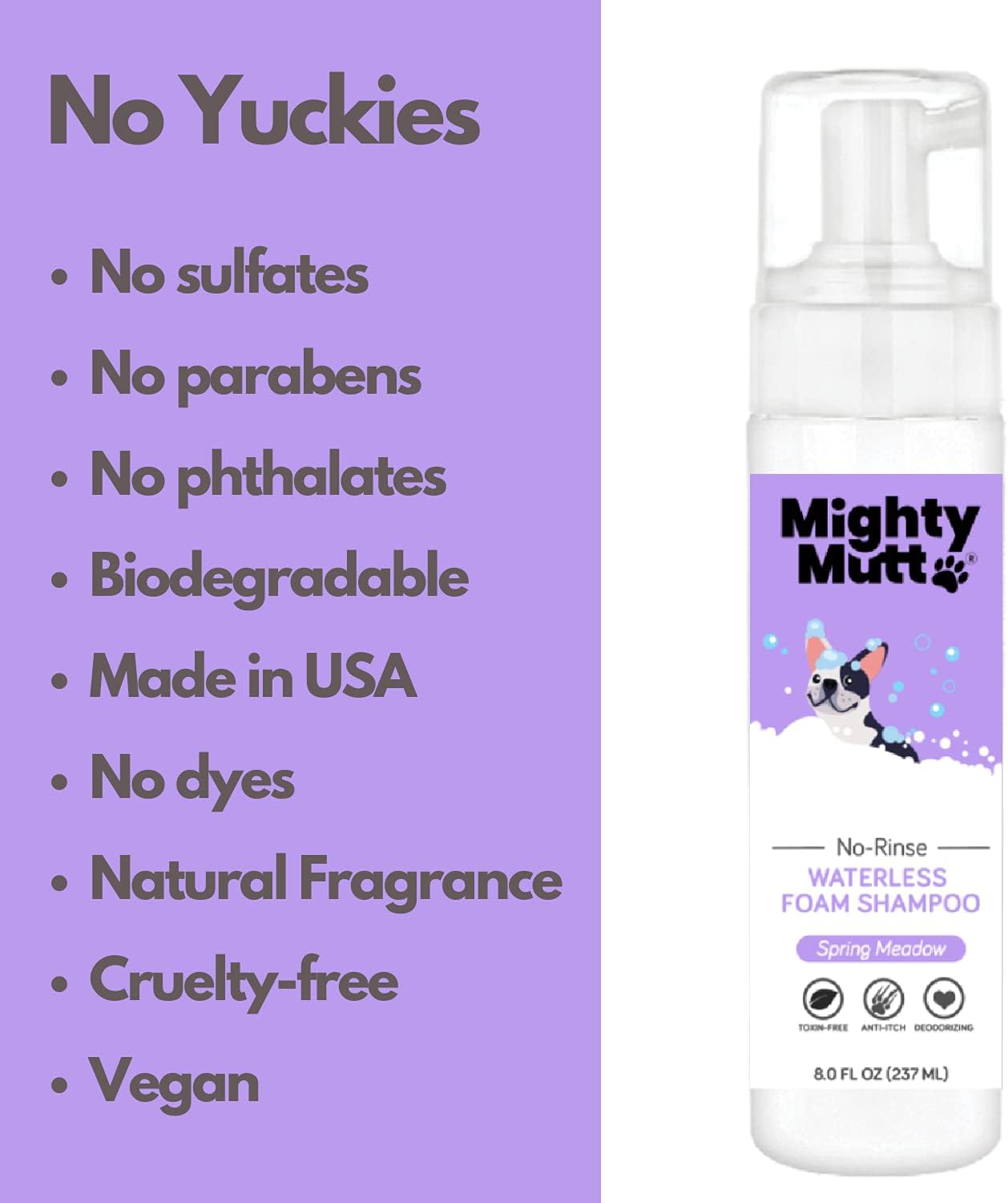 Mighty Mutt Hypoallergenic Waterless Shampoo for Dogs | Dry Shampoo for Dogs | Waterless Foam No Rinse | Anti-Itch, Soothing and Deodorizing | Spring Meadow | 8 Fl Oz