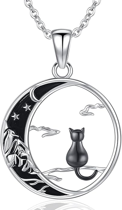 Odinstone Cat Necklace, S925 Sterling Silver Cat on Moon Pendant with Cubic Zirconia, Cat Jewelry Mothers Day Gifts for Mum with Gift Package - I Love You Forever