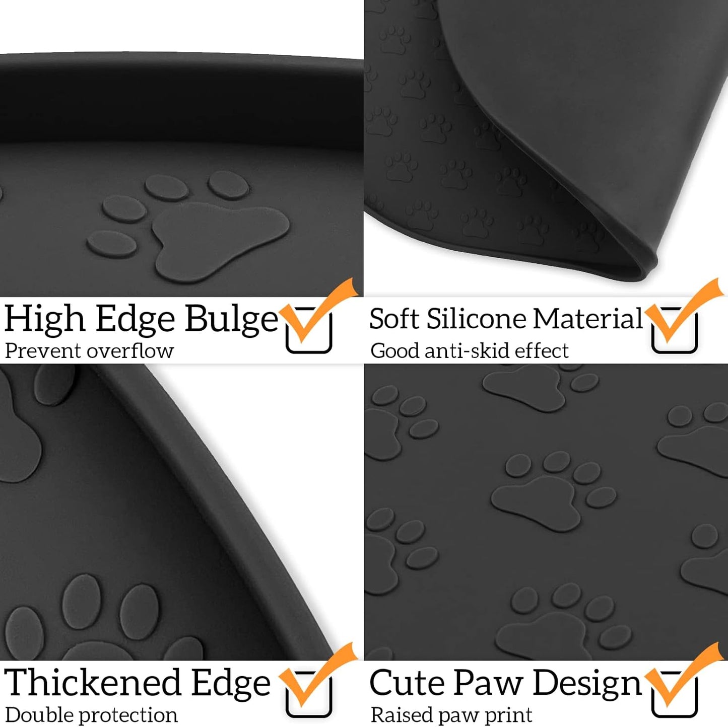KPWACD Pet Feeding Mat for Dogs and Cats, Silicone Dog Placemat Non-Slip Waterproof Bowl Mats Prevent Food and Water Overflow, High-Lips Puppy Dish Tray Mat Suitable for Large Medium Small Pets, Black