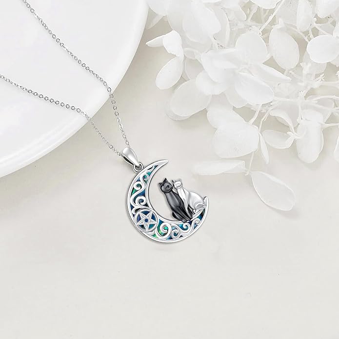 Odinstone Cat Necklace, S925 Sterling Silver Cat on Moon Pendant with Cubic Zirconia, Cat Jewelry Mothers Day Gifts for Mum with Gift Package - I Love You Forever