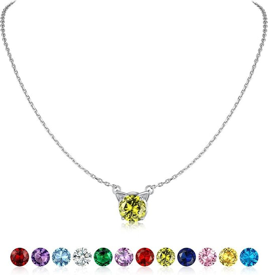 SILVERCUTE Sterling Silver Birthstone Necklace for Women,Dainty Silver Pendant Necklace with Round Cubic Zirconia,16"-18"