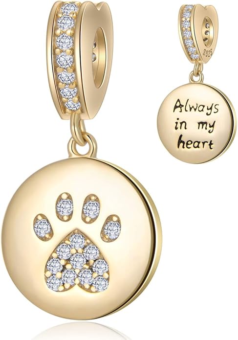 GEMDAZZ Sparkling Puppy Paw Print Charms in 925 Sterling Silver, Pave Dog Pawprint CZ Round Beads and Always in My Heart Charms, Gift for Animal Lover, fit European Women Bracelet/Necklace