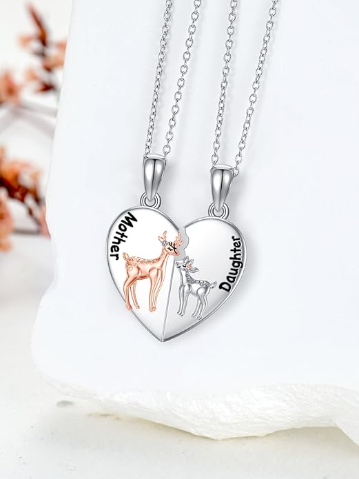 OCJ Mother Daughter Matching Necklaces 925 Sterling Silver Animals Matching Necklace for Mom Daughter 2 Pcs Matching Heart Pendant Birthday Mothers Day Gifts for Mom and Daughter