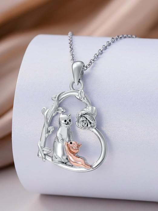 Cute Mother and Daughter Fox/Cat/Cow/Monkey/Panda Necklace 925 Sterling Silver Heart Flower Heart Necklace Animal Jewelry Mother's Day Jewelry for Women