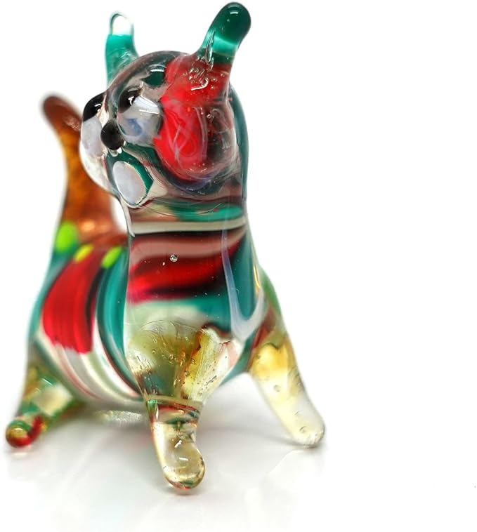 Cat Tiny Figurines Blown Glass Art Animals Hand Painted Collectible Gift Decorate (Red Green)
