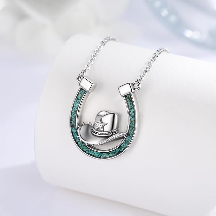 Midir&Etain Western Necklace 925 Sterling Silver Turquoise Pendant Cow Skull/Hat/Tag/Cactus Cowgirl Country Jewelry for Women Men