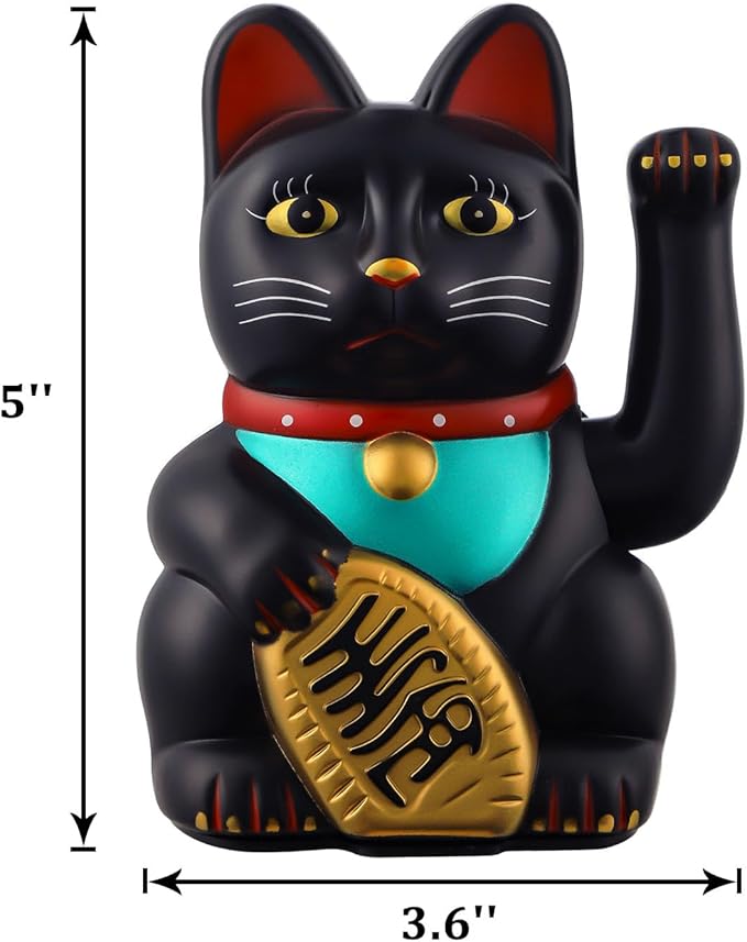 Gold/Black/White Maneki Neko Lucky Cat,Fengshui Cat- Waving Arm Battery Operated for Fortune Money and Good Luck (Black, 5 in)
