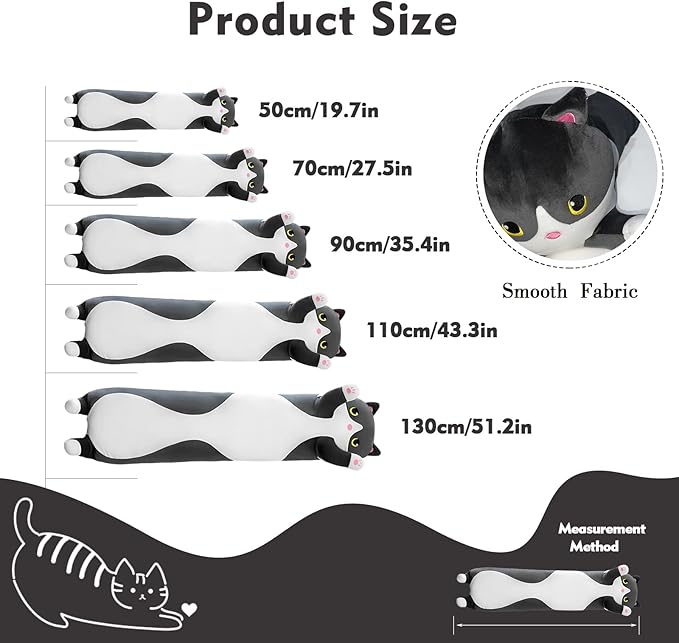 Long Cat Plush Pillow, 27.6in Cute Black Cat Plushie Stuffed Animals Body Pillow, Kawaii Kitten Soft Plushie Doll Toy Birthday Gift for Kids Girlfriend