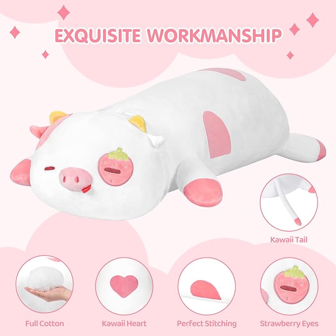 Strawberry Cow Plush Body Pillow, 25" Kawaii Cow Stuffed Animals Squishy Pillow, Cute Plushies Cuddle Pillow for Kids, Long Plush Cow Pillow Toys, Birthday Gifts for Women, Girls and Males