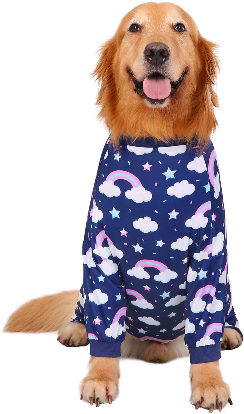 HDE Dog Pajamas One Piece Jammies Jumpsuit Pet Clothes Outfit Stretchy Lightweight Comfy Shirt Pjs for M-3XL Dogs Rainbows - 3XL