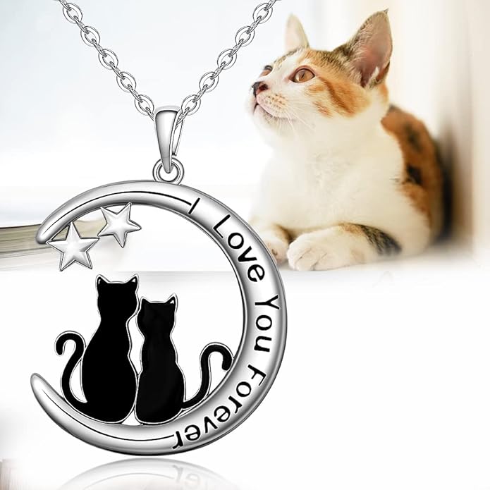 Fenthring Black Cat Necklace Sterling Silver Crescent Moon Pendant Cute Cat Couples Friendship Animal I Love You Forever Necklaces for Women Cats Halloween Christmas Holiday Jewelry
