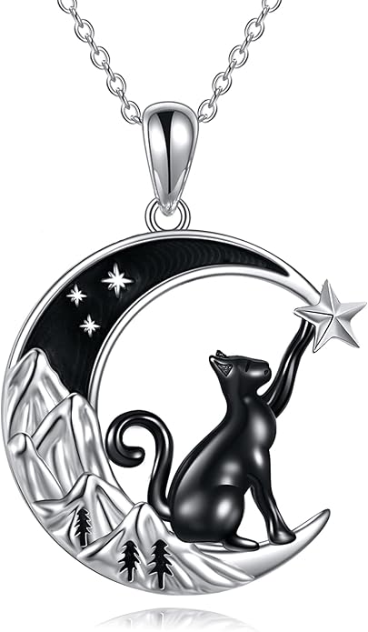 925 Sterling Silver Moon Black Cat Necklace for Women - Tree of Life Jewelry with Abalone Stone - Cat Lover Birthday Gift