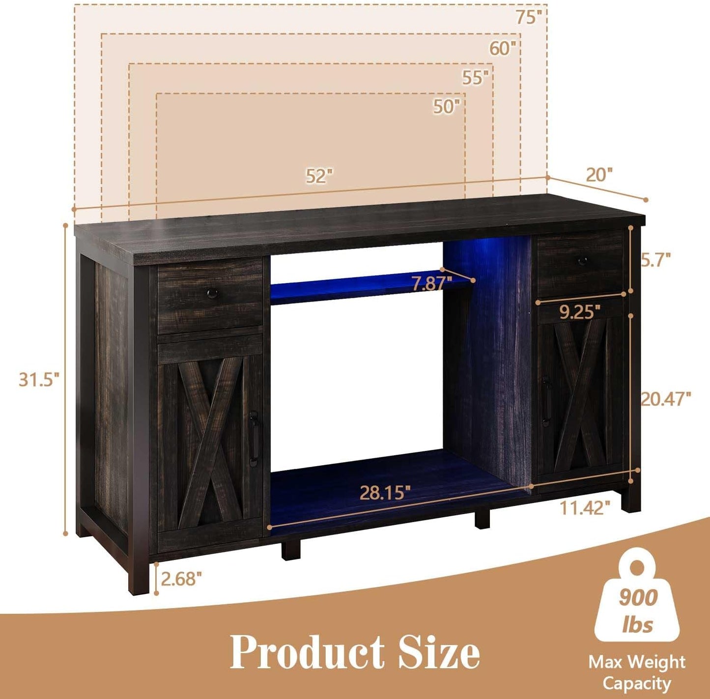 75 Gallon Fish Tank Stand with LED Light & Power Outlets, 55-75 Gallon Heavy Duty Metal Aquarium Stand with Drawers & Barn Doors, Cabinet for 2 Fish Tank Accessories Storage, Dark Oak