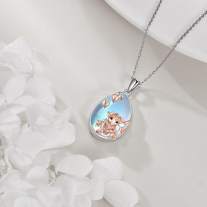 LUHE Moonstone Necklace 925 Sterling Silver Fox/Axolotl/Cat/Raccoon/Penguin/Frog/Panda/Highland Cow Pendant Necklace Animal Jewelry Gifts for Women