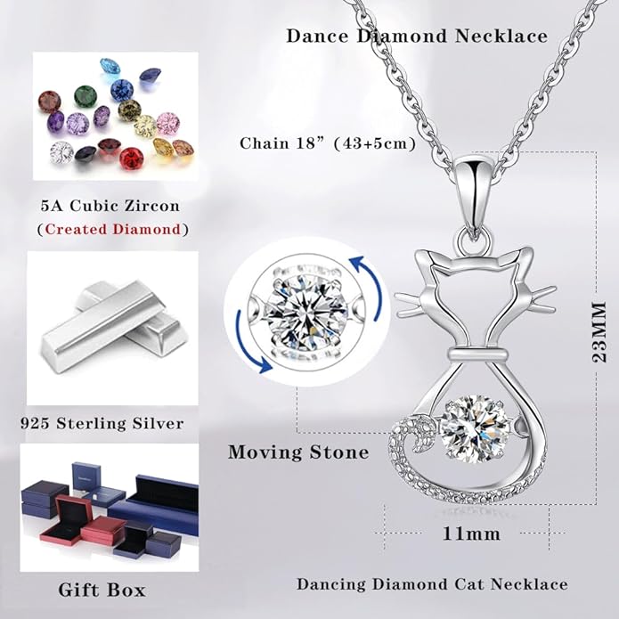 jiamiaoi 18K White Gold Plated Cat Necklace 925 Sterling Silver Diamond Cat Necklace Silver Cat On Moon Necklace for Women Gift for Birthday/Christmas, Come with Gift Box