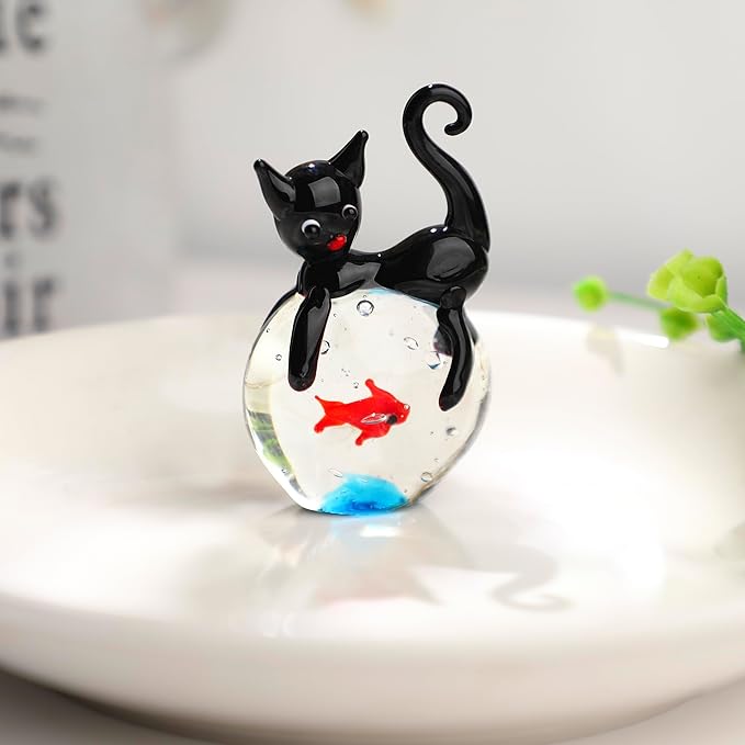 QFkris Blown Glass Black Cat Figurine, Mini Glass Animals Sculpture, Cat and Fish Art Collectible Figurines for Home Decor, Gift for Mom Cat-Lover Birthday Christmas