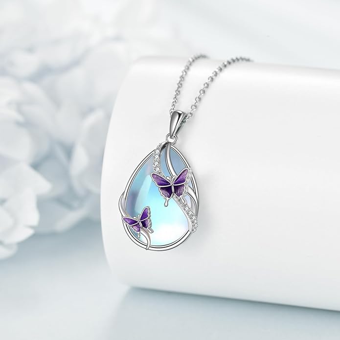 KQF Dragonfly/Butterlfy/Cat/Jellyfish/Bunny/Axolotl/Bee/Mermaid/Hummingbird/Elephant Necklace for Women Sterling Silver Moonstone Pendant Necklace Dragonfly Jewelry Gifts for Women