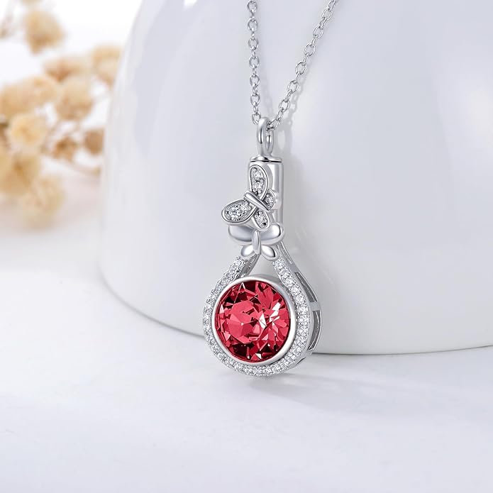 AOBOCO Butterfly Urn Necklace for Ashes 925 Sterling Silver Butterfly Cremation Jewelry Memorial Keepsake Pendant with 12 Months Birthstone Crystal from Austria